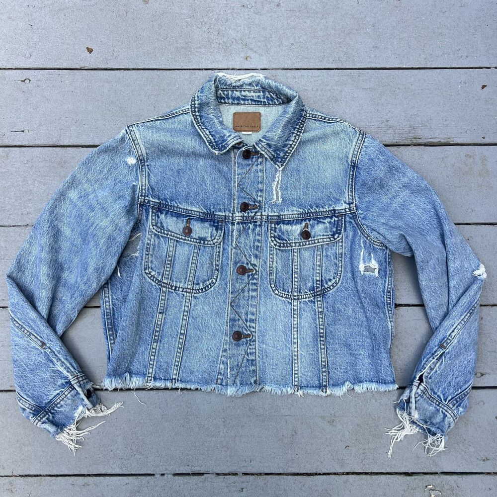 American Eagle Distressed Light Wash Cropped Frayed Raw Hem Denim Jacket-Size L